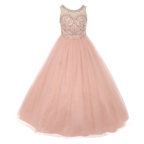 Big Girls Blush Pink Crystal Glitter Tulle Floor Length Pageant Dress 8-16 - SophiasStyle.com
